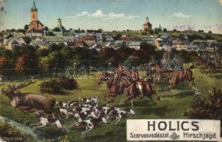 Holics, Holic; Szarvasvadászat. Heiss & Co. Kunstanstalt / Hirschjagd /deer hunting, hunters on horseback, dogs (ázott / wet damage)