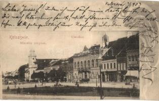 1903 Kolozsvár, Cluj; Városháza, Minorita templom, üzletek / town hall, Minorite church, shops. Art Nouveau frame (fl)