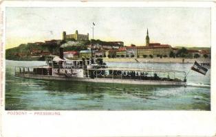 1907 Szamos monitor Pozsonynál, Dunai Flottilla. Bediene dich allein / Szolgáld ki magad kiadása / Donau-Flottille / Hungarian Danube Fleet river guard ship in Pressburg (Bratislava)