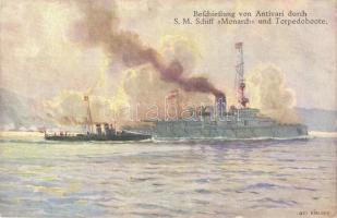 SMS Monarch osztrák-magyar Monarch-osztályú partvédő csatahajó és egy torpedóromboló lövi Bar-t (Antivari) / K.u.K. Kriegsmarine Monarch class coastal defence ship firing Bar s: Alex Kircher