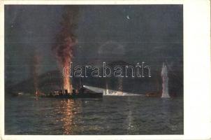 Ütközet az Otranto szorosban 1917. május 15-én: Ő F. Csepel és Balaton hajói elsüllyesztenek egy olasz torpedójárművet és a három szállítóhajót / WWI K.u.K. Kriegsmarine art postcard s: Seits