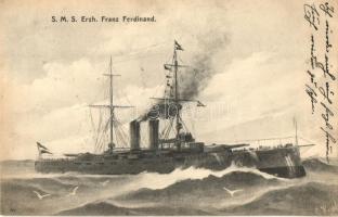 1909 SMS Erzherzog Franz Ferdinand osztrák-magyar haditengerészet Radetzky-osztályú csatahajója / K.u.K. Kriegsmarine SMS Erzherzog Franz Ferdinand art postcard. G. Fano s: Kappler
