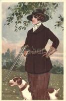 Hunter lady with gun. Italian art postcard, Proprieta Artistica Riservata 316-4. s: T. Corbella