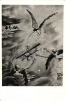 1942 WWII Hungarian military art postcard, aircraft with angels of death