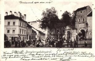 1901 Besztercebánya, Banská Bystrica; Mátyás tér, piac, Steiner B. és Reisz Miksa üzlete / square, market, shops (EK)