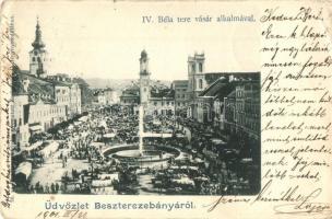 1901 Besztercebánya, Banská Bystrica; IV. Béla tér, piac, szökőkút / square, market, fountain (EK)