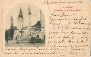 1901 Besztercebánya, Banská Bystrica; Templom, Mária oszlop, Stróbl J. üzlete, kiadja Lechnitzky O. / church, statue, shop (kopott sarkak / worn corners)