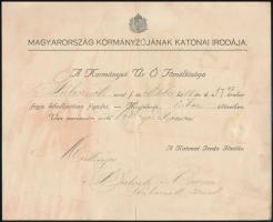 cca 1930 Magyarország Kormányzójának Katonai Irodája által kiadott meghívó kihallgatásra