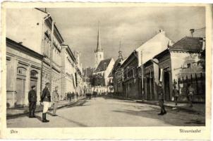 Dés, Dej; utcakép magyar katonákkal és magyar zászlóval, Református templom / street view with Hungarian soldiers and Hungarian flag, Calvinist church (EK)