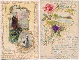 4 db 1904 előtti dombornyomott litho üdvözlőlap / 4 pre-1904 Emb. litho greeting cards