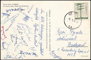 1964 MTK labdarúgó csapatának tagjainak aláírásai (Kovalik, Keszei, Bödör, Jenei, Bánkúti, Vasas, Laczkó..stb.) Egri Gyula MTS elnöknek Isztambul-ból küldött képeslapon