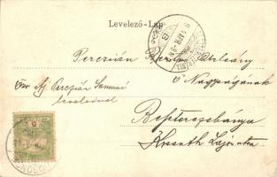 1904 Losonc, Lucenec; Fő tér, templom. Őszi naplemente litho keret. Kármán Zsigmond kiadása / main s...