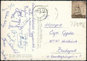 cca 1960 Vasas labdarúgóinak aláírásai (Palotai, Kárpáti, Szentmihályi, Bakos, Kékesi, Ihász,Mathesz,Mészöly ..stb.) egy Egri Gyula MTS elnöknek küldött képeslapon