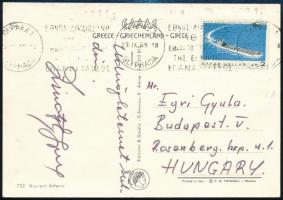 1969 Zsivótzky Gyula (1937-2007) olimpiai bajnok atléta üdvözlői sorai és aláírása Görögországból Egri Gyula MTS elnöknek küldött képeslapon