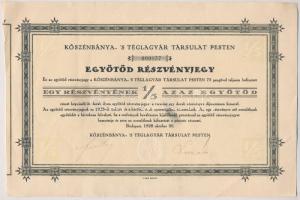 Budapest 1928. "Kőszénbánya- 's Téglagyár Társulat Pesten" egyötöd részvényjegye 75P-ről, szárazpecséttel T:III