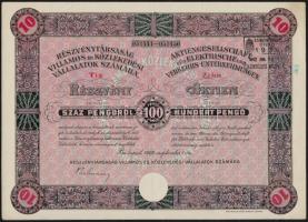 Budapest 1929. "Részvénytársaság Villamos és Közlekedési Vállalatok Számára" tíz részvénye 100P-ről, szelvényekkel, bélyegzéssel és szárazpecséttel (3x) T:III,III-