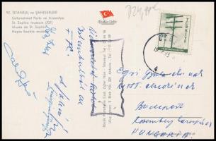 1963 Mészáros József (1923-1997) FTC labdarúgó és edző és mások (FTC vezetők ?) aláírásai egy Isztambul-ból Egri Gyula MTS elnöknek küldött képeslapon