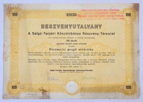 Budapest 1944. A Salgó-Tarjáni Kőszénbánya Részvény-Társulat részvényutalványa 3000P-ről, bélyegzéssel és szárazpecséttel T:III fo.