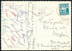 1969 Csepel SC labdarúgó csapatának (Fatér, Hunyadi, Rottenbiller, Major, Kelemen...stb.)és Koltai István szakosztályvezetőjének aláírásai egy Innsbruck-ból Egri Gyula MTS elnöknek küldött képeslapon