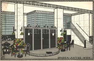 1915 Graben Kaffee Wien / café interior in Vienna, Wiener Werkstätte style art postcard