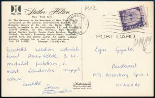 1969 Almássy Zsuzsa (1950-) műkorcsolyázó aláírása egy New York-ból Egri Gyula MTS elnöknek küldött képeslapon.