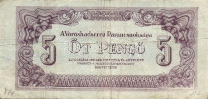 1944. 5P "V.H." hátoldali színhiány! + normál bankjegy összehasonlításra T:III foltos