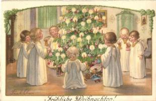 Fröhliche Weihnachten! / Christmas greeting card with Christmas tree and children dressed as angels. AR. No. 2668. s: Pauli Ebner