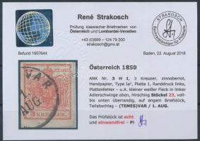 3kr HP I cinnober, plate flaw ,,(TEMES)VAR" Certificate: Strakosch 3kr HP I cinnober, bal ívszé...