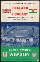 1953 Magyarország-Anglia, a legendás 6:3-as labdarúgó mérkőzés meccsfüzete, és egy belépőjegy a Wembley Stadionba, ahol az Aranycsapat legyőzte az évtizedek óta veretlen Angliát. A füzeten hajtásnyom.  1953 Hungary - England, legendary football match booklet, and a entry ticket to the Wembley Stadium, where the Golden Team of Hungary defeated England. Booklet is dog-.eared