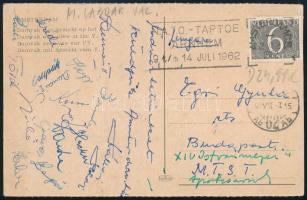 1962 Pécsi Dózsa SC tagjainak aláírásai (Dunai I., Dunai II., Hegyi, Bendes, Halasi, Serédi, Török, Danka,..stb.) egy Egri Gyula MTS elnöknek Amszterdamból küldött képeslapon.