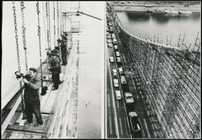 Különböző időpontokban készült felvételek az Erzsébet hídról, 7 db vintage fotó, kettő jelzett, 9x14 cm és 18x24 cm között