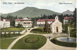 Tátrafüred, Ótátrafüred, Altschmecks, Stary Smokovec; Római katolikus templom, szálloda, szökőkút. Kiadja F. Zuna. / church, hotel, fountain (EK)