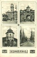 1938 Komárom, Komárno; Városháza, kapu, torony / town hall, gate, tower, Art Nouveau frame, Komárom visszatért So. Stpl.