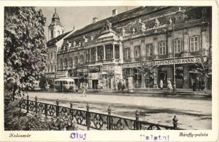 Kolozsvár, Cluj; Bánffy-palota, bank, üzletek, autóbusz / palace, bank, shops, bus