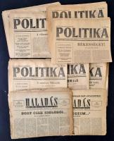 1945-1947 Vegyes újság tétel,12 db (Haladás 2 száma, Politika 7 száma, Szabad Nép 3 száma), szakadozott állapotban, a Szabad Nép számai hiányosak.