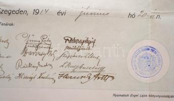 1917 Szeged, M. Kir. Állami Felső Ipariskola végbizonyítvány, jobb felső sarok kivágva, 48x60 cm