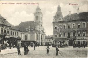 Kolozsvár, Cluj; Kossuth Lajos utca torkolata, Központi szálloda, gyógyszertár, Medgyesy és Nyegrutz, Biasini Sándor utóda és Pap Ernő üzlete / street view with hotel and shops, pharmacy