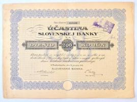 Csehszlovákia / Ruzomberok 1919. Slovenská Banka részvénye 200K-ról, szelvényekkel, bélyegzéssel és szárazpecséttel T:II Czechoslovakia / Ruzomberok 1919. Slovenská Banka share about 200 Korun, with coupons, overprint and embossed stamp C:XF