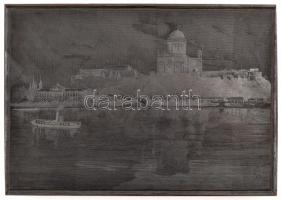Morelli Gusztáv (1848-1909): Esztergomi Bazilika a Dunával. Jelzett fametszet nyomódúc / Signed wood engraving plate. 20x14 cm