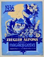 cca 1936 Pál György (1906-1986): Ziegler Alfonz képes magárjegyzéke.. Pecséttel jelzett Globus nyomdás terv. Akvarell, papír / Advertising. Watercolor. 48x3 cm