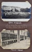 cca 1921-1925 A Magyar Királyi Honvéd Ludovika Akadémiát és a kadétok életét bemutató páratlan fotóalbum. 111 db látványos, képeslap méretű fotó magyarázó feliratokkal a katonai akadémia mindennapjaiból. Az épületek bemutatása mellett főleg mozgalmas képek. Felvonulások, megemlékezések, gyakorlatok, hadi játékok, lóvizsgálat, külső helyszínek a jó minőségű képeken, /  cca 1921-1925 Collection of 111 interesting and quality photos of the Ludovica Military Academy. The life of the inmates on real photo postcards.