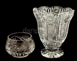 Ólomkristály váza és kis asztali kínáló, apró hibákkal, m: 6,5 és 14,5 cm