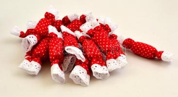 Piros-fehér pöttyös textil szaloncukor, csipkével, 18 db, h: 10 cm