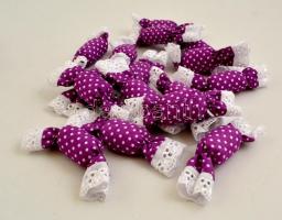 Temetői lila-fehér pöttyös textil szaloncukor, csipkével, 15 db, h: 10 cm