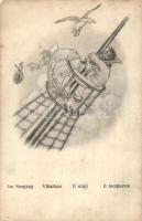 Viharban / Im Seegang / U oluji / il temporale / K.u.K. Kriegsmarine humorous art postcard with mariners. C. Fano Pola 2048. 1917. Unsigend Dworak (kissé ázott / slithly wet damage)