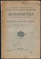 1939 Budapesti Kir. Magyar Pázmány Péter Tudományegyetem Almanachja fennállásának 304. tanévében az MCMXXXVIII-MCMXXXIX. tanévére. Bp.,1939, Kir. M. Egyetemi Nyomda. Átkötött papírkötés, az átkötéskor az eredeti papírborítót felhasználták, foltos borítóval, sérült címlappal.