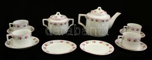 Zsolnay hiányos virágmintás porcelán teás készlet, jelzett, matricás, kis kopásnyomokkal, összesen 12 db