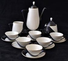 Hollóházi retro fekete-fehér mokkás készlet, jelzett, hibátlan