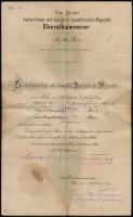 1917 A Katonai Érdemkereszt III. Osztálya hadidíszítménnyel viselésére jogosító irat, főhadnagy részére, Leopold von Berchtold (1863-1942) császári és királyi főudvarmester bélyegzett aláírásával, szárazbélyegzővel, foltos.