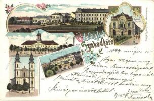 1899 Szabadka, Subotica; Mária Terézia park, Nemzeti kaszinó, Városháza, Terézia templom, Szent István tér. Kiadja Vig. Zsigm. Sándor / park, casino, town hall, church, square. Art Nouveau, floral, litho (EB)